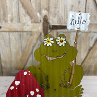 Metal Frog with Hello Sign & Mushroom