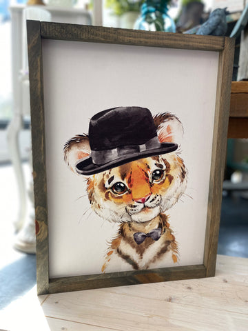 Tiger Cub With Bowler and Bowtie Framed Sign