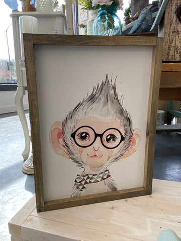 Monkey With Glasses and Scarf Framed Sign