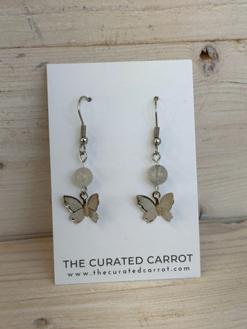 Silver Butterfly with Smoky Gray Bead Drop Earrings
