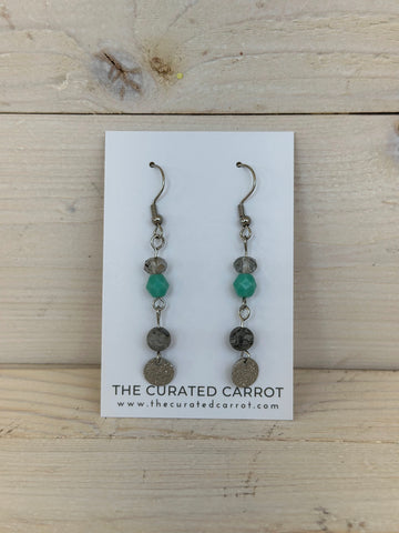 Silver Hammered Small Circle with Marbled Gray + Turquoise Drop Earrings