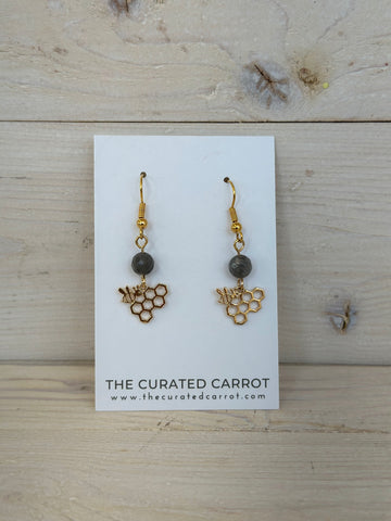 Gold Honey Comb with Gray Bead Drop Earrings