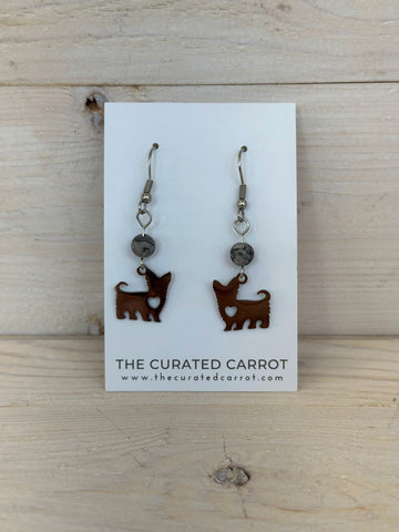 Silver Little Dog with Marbled Gray Bead Drop Earrings