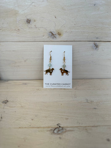 Gold Dog with Light Blue Bead Drop Earrings