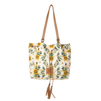 Myra Bags "Southern Bloom" Cotton & Leather Bucket Bag in Chestnut Beige