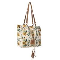 Myra Bags "Southern Bloom" Cotton & Leather Bucket Bag in Chestnut Beige