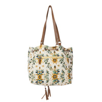 Myra Bags "Southern Bloom" Cotton & Leather Bucket Bag in Chestnut Beige