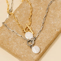 Toggle Chain Link Disc Pearl Charm Necklace - Gold