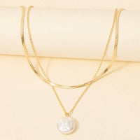 Pearl Coin Pendant Layered Chain Necklace - Gold