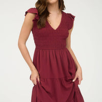 Flutter Sleeve Dress - Burgundy
