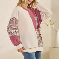 Patchwork Knit Pullover Top - Oatmeal + Burgundy