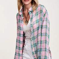 Button Down Spring + Summer Flannel - Light Pink + Green