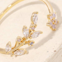 Gold Dipped Dainty Rhinestone Leaf Flower Open Ring