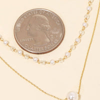 Dainty Layered Chain Pearl Bead Charm Necklace - Gold