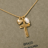 Cross Heart And Pearl Charms Chain Necklace