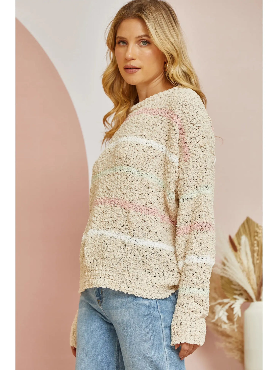 Popcorn Striped Sweater - Beige