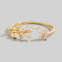 Gold Dipped Dainty Rhinestone Leaf Flower Open Ring: Gold