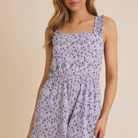 Square Neck Strap Flare Hem Ditsy Romper - Lavender/Navy
