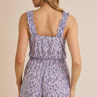 Square Neck Strap Flare Hem Ditsy Romper - Lavender/Navy