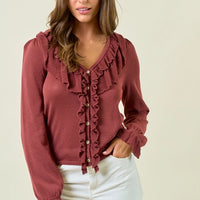 Ruffle Button Front Top - Maroon