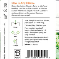 Cilantro, Slow Bolting Seed Packet (Coriandrum sativum)
