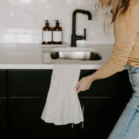 Striped Tea Towel with Ruffle - Cream with Grey Stripes