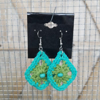 Green Diamond with Blue Bead Crochet Earrings