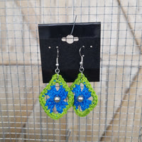 Blue & Green Diamond with Silver Bead Crochet Earrings