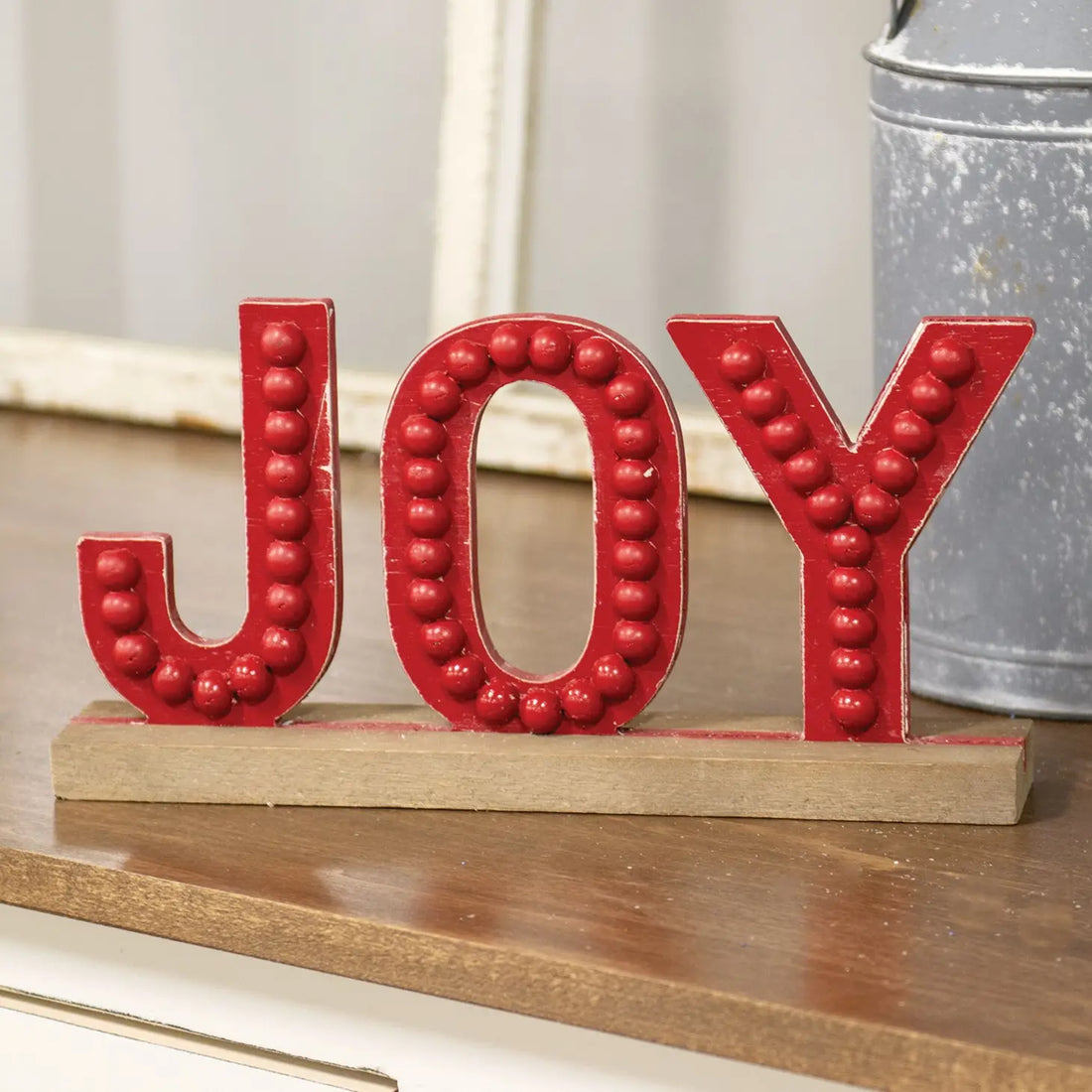 Distressed Beaded Wooden Joy Sign on Base