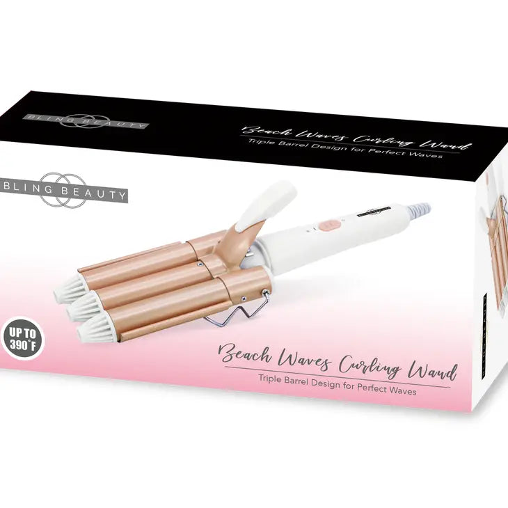 Beach Waves Curling Wand Gold Color Barrel Iron Flowers and Gray