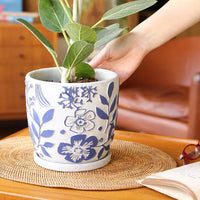 Elemental Cement Planter Botanical - Flower Navy