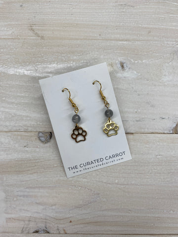 Gold Paw Print with Smoky Grey Bead Drop Earrings