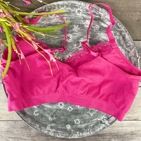 Coobie V-Neck Lace Trim Bra - Hot Pink