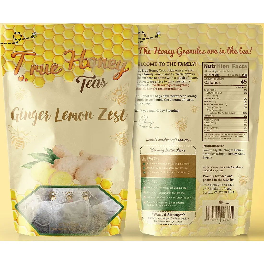 True Honey Ginger Lemon Tea Bags - 12 Count