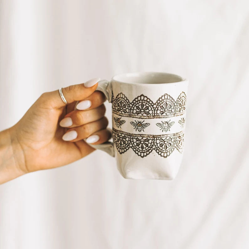 Hand-Thrown White Lace Bee Mug