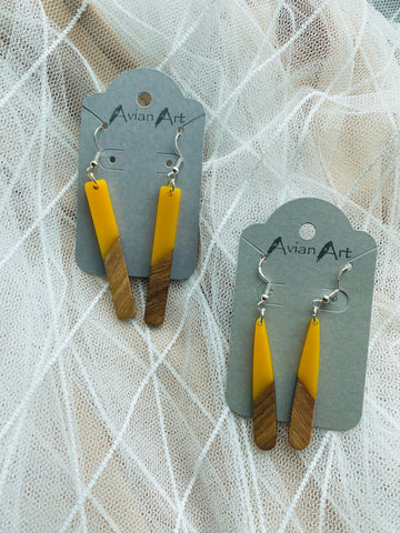 Yellow and Wood Resin Drop Earrings