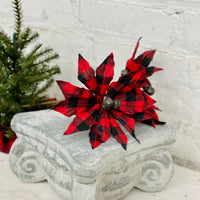 Buffalo Check Jingle Bell Poinsettia Stem - Red