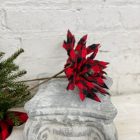 Buffalo Check Jingle Bell Poinsettia Stem - Red