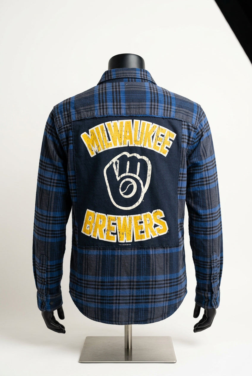 Repurposed Flannel Shirt with Milwaukee Brewers Patch