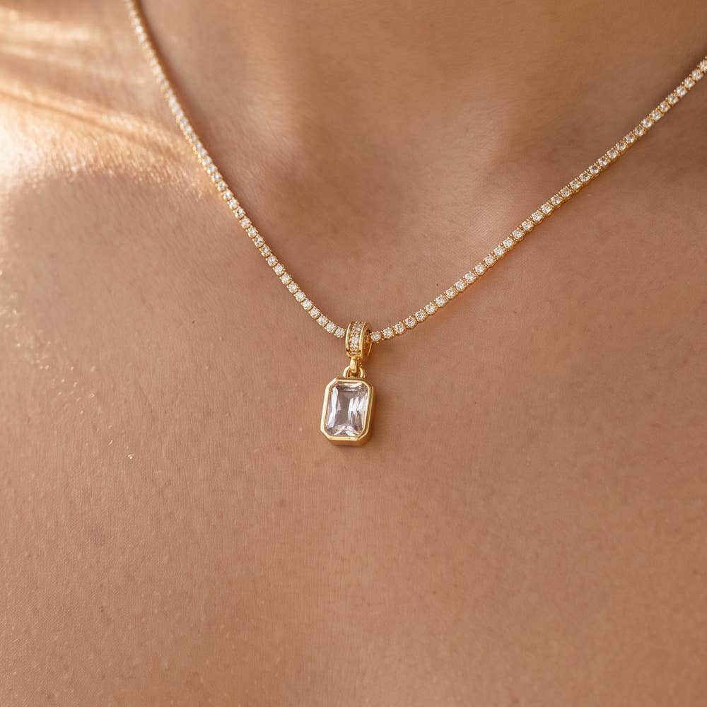 Pave Tennis Chain Rectangle Bezel Cz Pendant Necklace: Gold