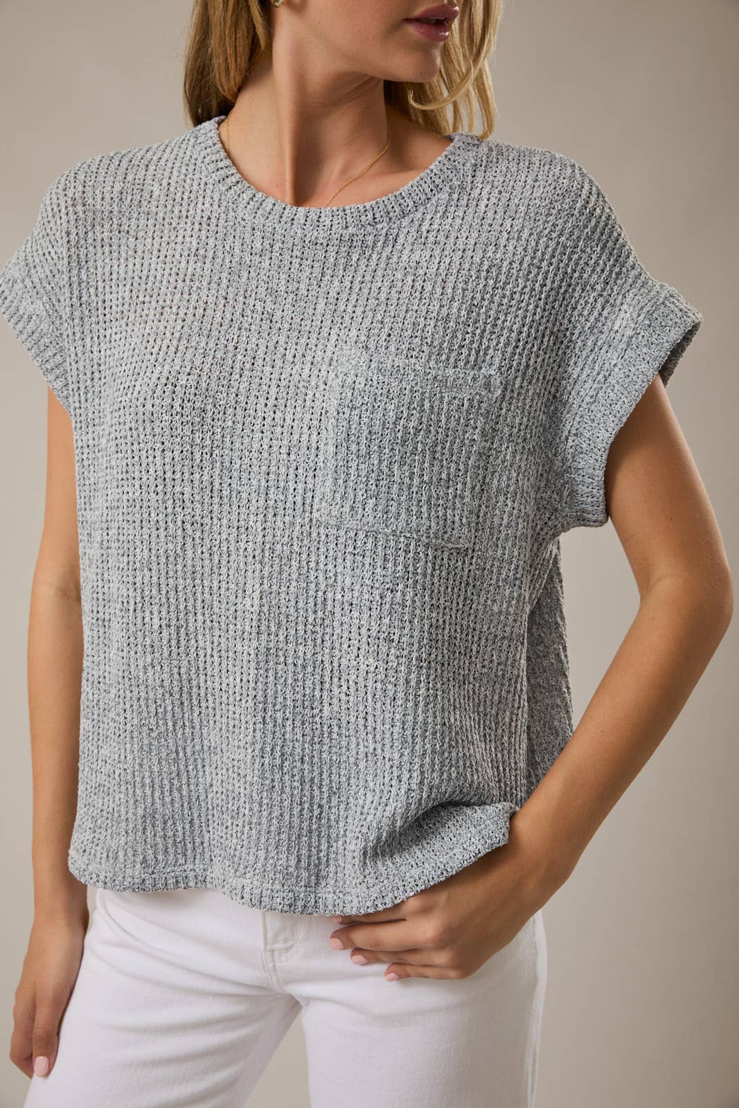Crew Neck Cuffed Short Sleeve Top with Pocket - Light Grey