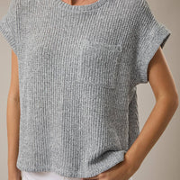 Crew Neck Cuffed Short Sleeve Top with Pocket - Light Grey