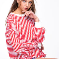 Oversized Striped Long Sleeve Shirt - Red