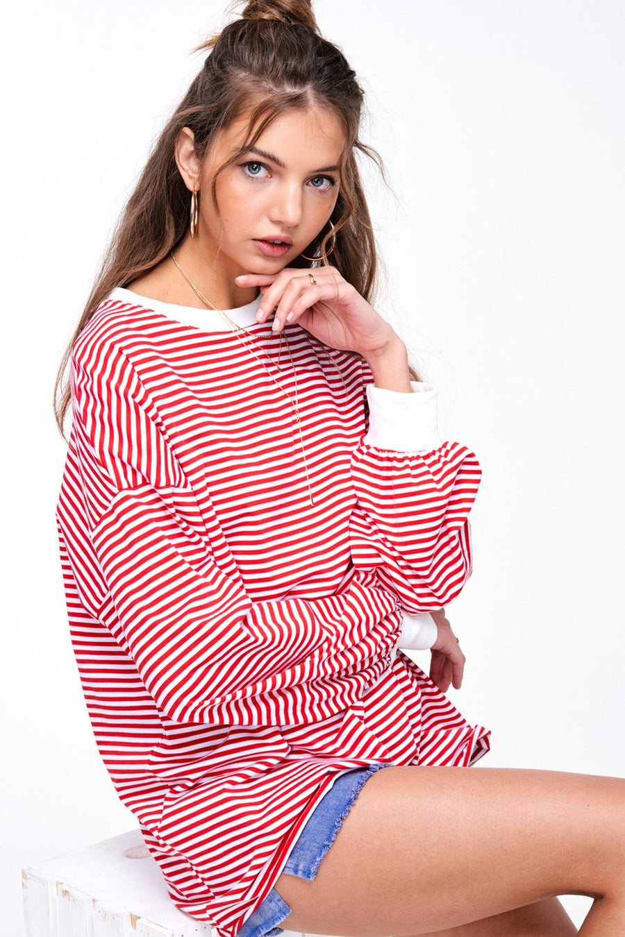 Oversized Striped Long Sleeve Shirt - Red