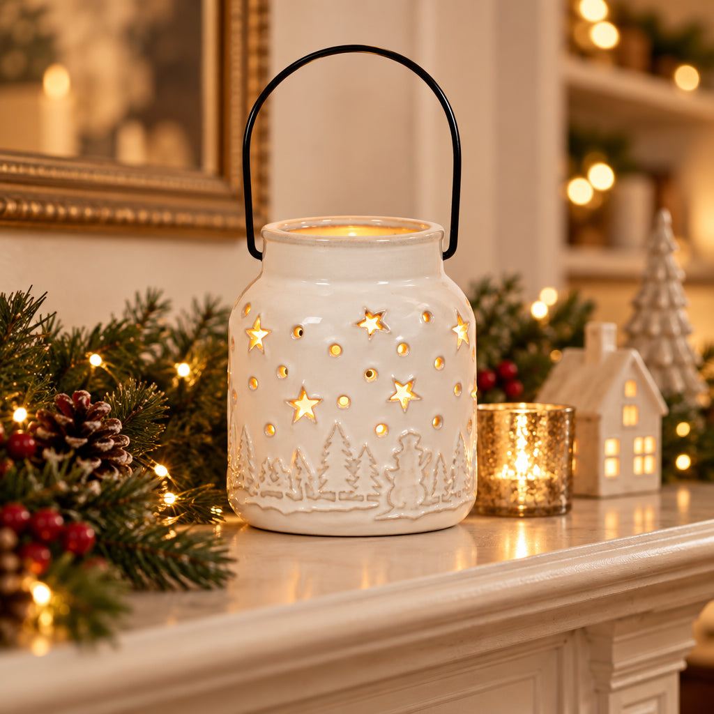 Cream Winter Village Porcelain Votive Holder Bucket