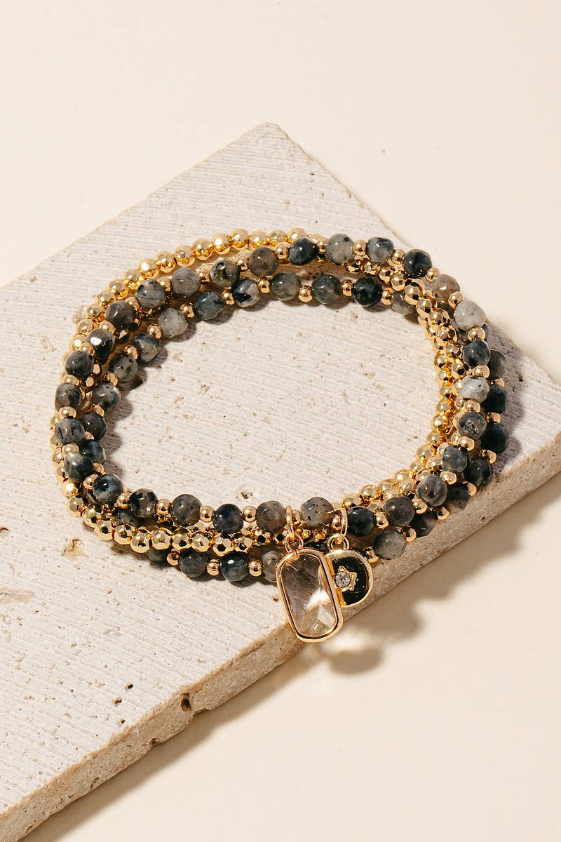 Rectangle Gem And Disc Charm Beaded Bracelet Set