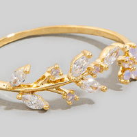 Gold Dipped Dainty Rhinestone Leaf Flower Open Ring: Gold