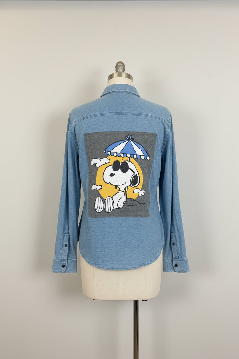 Repurposed Denim Shirt with Beachy Dog Patch