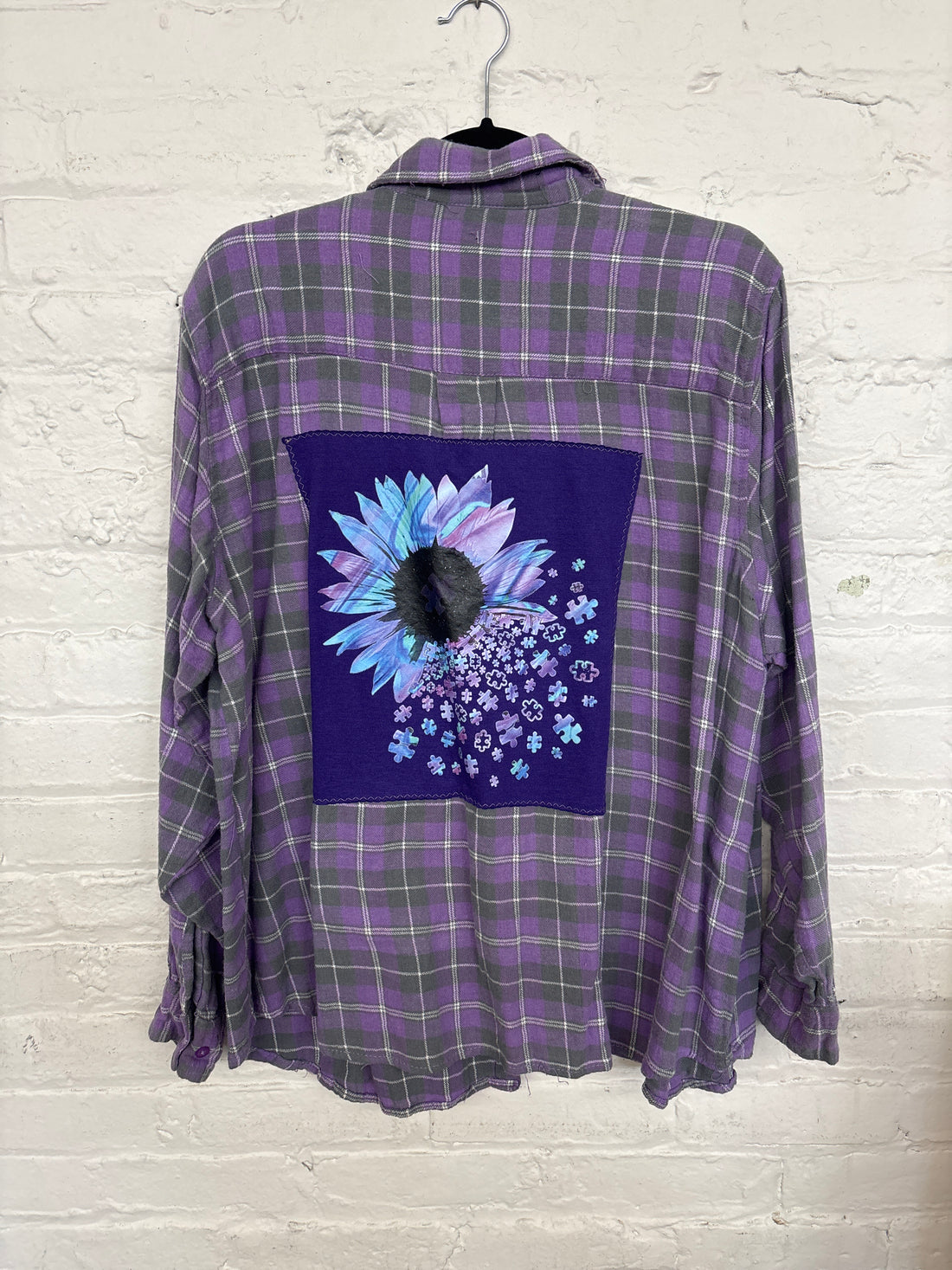 Repurposed Flannel Shirt with Flower + Puzzle Pieces Patch