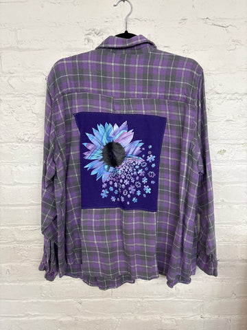 Repurposed Flannel Shirt with Flower + Puzzle Pieces Patch